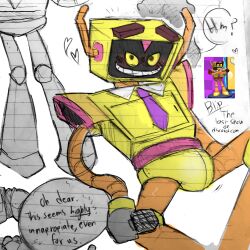 blip_(the_last_show_discord) dialogue_box discord_(app) heart_symbol microphone noodle_arms not_porn overheating purple_tie reference_image screen_face smoke suggestive_look suggestive_pose tagme traditional_art traditional_media_(artwork) tv_head yellow_body
