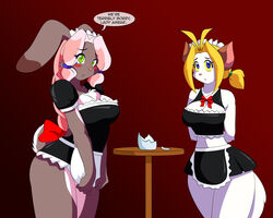 anthro big_breasts blonde_hair blue_eyes breasts chalo cleavage clothed clothing edit english_text feline female fur green_eyes grey_fur hair hi_res lagomorph las_lindas looking_at_viewer maid maid_uniform mammal pink_hair sarah_silkie short_skirt skimpy skirt standing table taffy_rudiger text vase white_fur