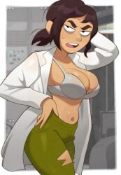 1girls 2025 bra breasts cleavage clothed clothing female green_pants inside_job labcoat large_breasts netflix newguy1091 open_clothing reagan_ridley solo solo_female sweat