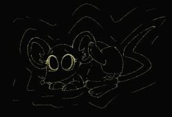 2024 belly big_ears big_eyes big_head big_pupils black_background female female_feral feral genitals legs_up looking_at_viewer lying mammal mouse murid murine on_side plump_labia presenting presenting_vulva pupils rodent simple_background solo thick_thighs toony vulva what_color_are_you whiskers wolps