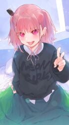 black_nails black_sweater blush clothes_writing collared_shirt earrings female fuzuki_fuuro green_skirt hair_ornament indoors jewelry long_skirt long_sleeves looking_at_viewer nail_polish naughty_face neck_ribbon on_bed open_mouth original pillow pink_eyes pink_hair ribbon shirt sitting skirt sleeves_past_wrists smile solo stud_earrings sweater tongue tongue_out two_side_up usami_iori v white_ribbon white_shirt