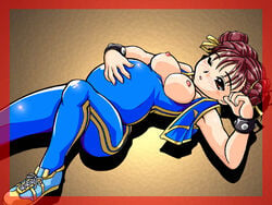 belly_hold blush bodysuit bracelet chun-li jumpsuit lying nipples on_back open_clothes open_shirt oppai orange_eyes pregnant red_hair ryumage shirt sleeveless street_fighter street_fighter_alpha street_fighter_alpha_2 street_fighter_alpha_3 vest wink