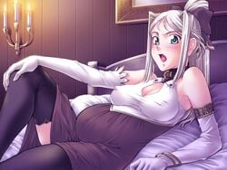 bare_shoulders bed black_thighhighs blonde_hair blush bow bracelet breasts choker cleavage_cutout dress elbow_gloves erect_nipples eroge game_cg gloves grey_eyes hairbow himekishi_lilia large_breasts lilia_eberwein oppai pregnant thighhighs white_gloves