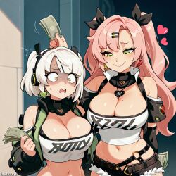 (titancore) ai_generated anby_demara big_breasts breasts curvy_figure cute embarrassed female headband holding_money love money multiple_girls nice_girls nicole_demara pink_hair proud ribbon_in_hair silver_hair teamwork twintails video_game_character zenless_zone_zero