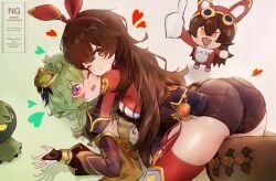 2girls absurdres amber_(genshin_impact) ass baron_bunny_(genshin_impact) blush breast_press breasts bridal_gauntlets brown_eyes brown_hair brown_shorts brown_thighhighs collei_(genshin_impact) crossed_bangs cuilein-anbar_(genshin_impact) detached_sleeves female genshin_impact gradient_background green_hair hairband heart highres hug long_hair looking_at_viewer lying medium_breasts minamo_(edosei_edo) multiple_females multiple_girls on_back one_eye_closed open_mouth purple_eyes red_hairband red_ribbon red_thighhighs ribbon short_shorts shorts shrug_(clothing) smile thighhighs vision_(genshin_impact) yuri