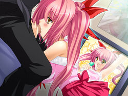 blush censored chidori_sana clothing fellatio inuhiko long_hair moe_moe_ryoujoku oral pink_hair skirt yellow_eyes