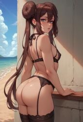 1boy 1femboy 2025 ai_generated alternate_version_available ass balls beach big_ass blue_eyes blush brown_hair crossdressing double_bun double_buns femboy feminine_male garter_belt garter_straps genderswap_(ftm) girly hair_buns hairbuns lingerie looking_at_viewer male outdoors outside pokemon rosa_(pokemon) rule_63 solo stockings testicles thick_thighs thighs trap underwear unknown_artist