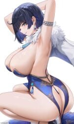 1girls abp_art armpits ass big_ass big_breasts blue_clothing blue_hair blush boy bracelet breast clothed clothing collar ear earrings eyes female genshin_impact girl green_eyes hand_on_head hand_up heels heels_fetish huge_breasts light-skinned_female lips lipstick looking_at_viewer mommy purple_lipstick smile squatting yelan_(genshin_impact)