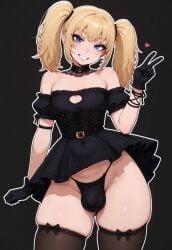 1boy 1femboy 2025 ai_generated alternate_version_available ani_(twitter) ani_(xai) black_dress black_stockings black_thong blonde_hair blue_eyes bulge choker crossdressing dress eyebrows eyelashes eyeshadow femboy feminine_male genderswap_(ftm) girly gloves highleg highleg_thong looking_at_viewer male nokk peace_sign rule_63 simple_background smile smiling solo standing stockings thick_thighs thighs thong trap twintails twitter v v_sign