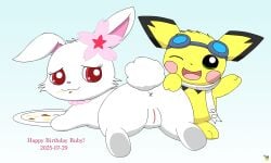 2025 accessory anus artist_logo ass dated duo eyewear eyewear_on_head female female_feral feral flower flower_in_hair food_on_face fur generation_2_pokemon genitals goggles goggles_on_head hair hair_accessory happy_birthday hare hi_res japanese_hare jewelpet jewelry lagomorph leporid logo looking_back lying male male_feral mammal necklace nintendo on_front one_eye_closed pichu pichu90 plant plate pokemon pokemon_(species) pussy ruby_(jewelpet) sanrio scarf sega_fave sparks_pichu vulva white_body white_fur white_scarf wink x_anus yellow_body yellow_fur