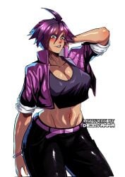 1girls artist_name bare_belly belly belt belt_buckle breasts brown_eyes brown_lips choker clothed courtney_(dispatch) dark_hair dejovanna dispatch_(game) female flashing indoors invisigal jacket medium_breasts messy_hair nose_piercing nose_ring office pants piercing short_hair short_hair_female slender slender_body slender_waist slim slim_waist smoking smoking_cigarette solo solo_female solo_focus standing superhero superheroine tagme tomboy torn_pants watermark