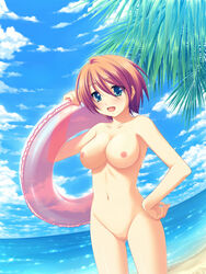 1girls bare_arms bare_shoulders beach bikini blush breasts brown_hair cleavage cloud collarbone cowboy_shot day exhibitionism green_eyes hair_between_eyes innertube large_breasts looking_at_viewer navel ocean open_mouth original outdoors purapa short_hair sky solo swim_ring swimsuit water white_bikini zanshomimai