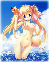 2girls absurd_res absurdres ball blonde_hair blue_eyes chibi cloud completely_nude_female day doumyouji_sakura exhibitionism female food fue_(tsuzuku) hi_res highres holding ice_cream kino_kyouka long_hair multiple_girls naked navel nude ocean photoshop_(medium) ribbon rococoworks sparkle tankini thigh_gap twintails volume7 water