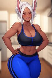 ai ai_generated black_sports_bra blue_yoga_pants bunny_ears curvy_female curvy_figure female hands_on_hips hourglass_figure mirko my_hero_academia naughty_one red_eyes rumi_usagiyama seductive_pose seductive_smirk white_hair