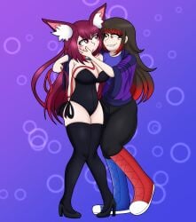 animal_ears big_breasts black_bunnysuit blue_shoes breasts brown_hair bunnysuit collar embarrassed female high_heels konglex leash leash_and_collar long_hair noxyfied pink_eyes pink_hair red_eyes red_hair_tips red_shoes thigh_gap thighhighs thighs
