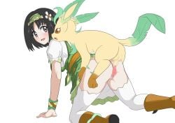 1boy 1girls all_fours alternate_costume black_hair clothed_sex dress_lift erika_(pokemon) female flower flower_in_hair grey_eyes hair_ornament larger_female leafeon looking_back male male_leafeon nivi official_alternate_costume partially_clothed pokemon pokemon_masters pokemon_rgby pokephilia sex size_difference smaller_male sygna_suit_erika zoophilia