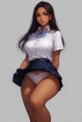 1girls ai_generated beautiful big_breasts black_hair breasts brown_body brown_eyes female female_only general huge_breasts long_hair looking_at_viewer panties sam0009 school_uniform schoolgirl seductive seductive_look seductive_smile skirt skirt_lift smile smiling_at_viewer solo_female standing teasing thick_thighs upskirt wide_hips