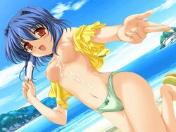 1girls akino_takehiko blue_hair breasts exhibitionism food highres medium_breasts mizuiro nipples no_bra open_clothes open_shirt panties popsicle red_eyes shindou_mutsuki shirt solo underwear