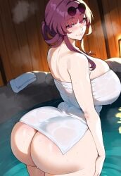 1girls ai_generated ass big_breasts breasts female female_focus hips honkai:_star_rail huge_ass huge_breasts juuicyai kafka_(honkai:_star_rail) large_breasts mature_female milf onsen purple_eyes purple_hair smiling thick_thighs thighs towel wide_hips