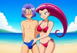 1boy ai_generated assertive_female beach beach_background bikini blue_eyes blue_oni blush blush_lines caress caressing caressing_penis confident_female embarrassed embarrassed_expression embarrassed_male erect_penis erection erection_under_clothes female femdom green_eyes james_(pokemon) jessie_(pokemon) lavender_hair looking_away outdoor outdoor_masturbation pokemon pokemon_(anime) pokemon_(classic_anime) pokemon_anime red_oni speedo submissive_male tease teasing twink