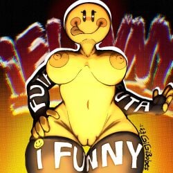 1girls big_breasts breasts emoji female friedpeep hand_on_hip ifu_(friday_night_crunchin) pussy thigh_highs