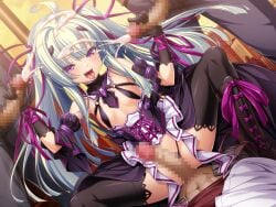 3boys :d ahoge amakubo_yuri black_gloves black_panties black_pants black_sleeves black_thighhighs boots breasts censored cowgirl_position cum cum_on_body cum_on_hair detached_collar detached_sleeves double_handjob facial female floating_hair game_cg gangbang gloved_handjob gloves green_hair grey_pants group_sex hair_ornament hair_ribbon handjob highleg highleg_panties inoino kouyoku_senki_exs-tia large_variant_set long_hair male mosaic_censoring multiple_boys non-web_source official_art open_mouth outdoors panties pants penis purple_eyes purple_ribbon revealing_clothes ribbon shirt small_breasts smile solo_focus spread_legs squatting straight sunset thighhighs tongue tongue_out twintails underwear variant_set very_long_hair white_hair white_shirt