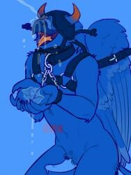 0ct0m0n0 anthro arm_tuft artist_name avian beak blue_penis bodily_fluids bondage bondage bound cheek_tuft collar elbow_tuft erection facial_tuft genital_fluids genitals hands_tied harness hi_res horn leg_tuft male male_anthro mask nude obscured_eyes open_mouth orange_horn orange_tongue peeing peeing_on_face penis restricted_palette shoulder_tuft simple_background solo text tongue tuft urine urine_on_face urine_on_hand urine_stream watersports wearing_mask wing_bondage