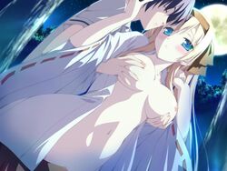 1boy 1girls black_hair blush breast_grab breasts exhibitionism game_cg hair hairband hisakaki_kosame hoshizora_no_memoria long_hair moon navel night nipples shida_kazuhiro short_hair white