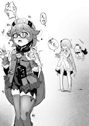 3girls blush cape claw_pose commentary_request controller female flat_chest garter_straps genshin_impact glasses gradient_background greyscale hair_flaps hands_up hat heart highres holding holding_remote_control jitome legs_together looking_afar looking_at_another lucifina_006 lumine_(genshin_impact) moaning monochrome multiple_girls nose_blush oerba_yun_fang open_mouth paimon_(genshin_impact) remote_control remote_control_vibrator semi-rimless_eyewear sex_toy short_hair sidelocks simple_background skin_fang solo_focus speech_bubble spoken_heart standing sucrose_(genshin_impact) surprised thighhighs trembling vibrator vibrator_under_clothes white_background wide-eyed