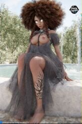 1girls 3d afro ai ai_generated aurellia:_legends braids breasts brictwen_(aurellia:_legends) brown_hair crackerverse dark-skinned_female dark_skin dress female female_focus female_only grey_dress nipples perry_cracker pupilless_eyes sitting sitting_female tattoo tattoo_on_leg watermark well