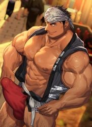 1boy abs balls balls_under_clothes bandana bara bare_breasts beard_stubble beefy biceps big_areola big_breasts big_nipples big_penis blue_eyes blurry_background breasts breasts_bigger_than_head broad_shoulders brown_hair bursting_clothes collarbone daddy dilf erect_nipples erection erection_under_clothes excessive_pubic_hair festival fundoshi gay genital_outline hand_on_leg happi_(clothing) headwear hi_res high-angle_view huge_breasts huge_cock hunk inviting inviting_to_sex japanese_clothes leg_hair looking_at_viewer male male_breasts male_only manly mature_male muscles muscular muscular_arms muscular_legs muscular_male muscular_thighs navel nullqllun open_clothes oppai original original_character outdoors pantsless pecs penis pointy_nose print_clothing pubic_hair pubic_hair_peek quadriceps red_fundoshi revealing_clothes rokushaku_fundoshi rolled_up_sleeves seductive shadow short_hair sideburns six_pack skimpy smile smirk standing sunlight tenugui thick thick_arms thick_eyebrows thick_neck thick_penis thick_thighs tight_clothing tough_guy triceps veiny_arms veiny_chest yaoi