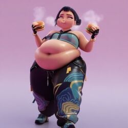 ai_assisted ai_generated asian asian_female big_belly black_gloves black_hair burger clothed eating fat fat_belly fat_fetish female kpop_demon_hunters morbidly_obese obese obese_female overweight overweight_female rolling_eyes simple_background steaming_body sweat sweaty weight_gain weight_gain_female zoey_(kpop_demon_hunters)