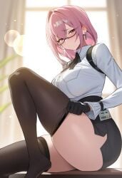 1girls aiart_fring black_gloves black_skirt black_thighhighs blurry blurry_background blush breasts closed_mouth collared_shirt earrings female glasses gloves hair_between_eyes highres indoors jewelry knee_up large_breasts long_hair long_sleeves looking_at_viewer medium_hair model_request pencil_skirt pink_eyes pink_hair purple_eyes semi-rimless_eyewear shirt shirt_tucked_in sitting skirt solo thighhighs thighs tsukishiro_yanagi white_shirt window zenless_zone_zero