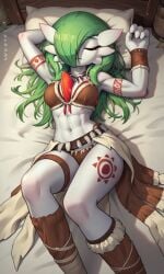 1girls ai_generated belt bra female female_focus female_only gardevoir green_hair loose_hair necklace pale_skin panties pokemon pokemon_(species) sleeping solo spread_legs tribal tribal_markings tribal_tattoo