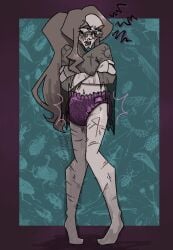 breasts crossed_arms diaper embarrassed enki_ankarian fear_and_hunger female genderswap_(mtf) lonely_space_egg long_hair looking_away partially_clothed ponytail pout scarred small_breasts translucent_clothing