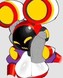 anthro big_breasts bodily_fluids breasts clothing disembodied_hand disembodied_penis female first_person_view front_view genital_fluids genitals grey_background hand_on_head hi_res lagomorph leporid machine male mammal monkiebrained penis penis_on_face precum project_turboblast purple_clothing purple_topwear rabbit red_body robot robot_anthro simple_background solo tempo_(project_turboblast) topwear white_body yellow_eyes
