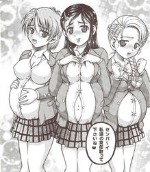 3girls belly_hold bowtie braid breast_hold breasts cleavage clothing collarbone dress_shirt female hairclip japanese_text kakyouin_chiroru large_breasts long_hair medium_breasts milk_hunters monochrome multiple_girls navel open_mouth oppai precure pregnant pretty_cure short_hair skirt small_breasts smile tongue translation_request