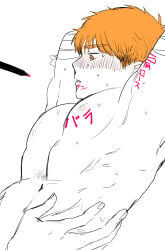 1boy amputated_arm amputee anime_style arms_up bandage bandaged_arm bandages blush blushing color colored digital_drawing_(artwork) digital_media_(artwork) gijinka ginger_hair hand_on_waist handy_(htf) happy_tree_friends humanized japanese_text male male_only marker missing_arm mondo_media naked naked_male nipples nude nude_male offscreen_character orange_eyes orange_hair short_hair solo solo_male writing writing_on_body