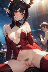 ai_generated antlers beach black_hair elf_ears eye_contact female gloves pixie_cut red red_eyes red_gloves seductive_expression short_hair smirk smug_expression stripper teasing usebackdooronly