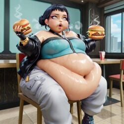 absurd_res absurdres ai_assisted ai_generated asian asian_female big_belly black_gloves black_hair burger clothed eating fat fat_belly fat_fetish female kpop_demon_hunters morbidly_obese obese obese_female overweight overweight_female restaurant rolling_eyes steaming_body sweat sweaty weight_gain weight_gain_female zoey_(kpop_demon_hunters)