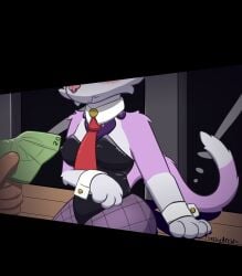 anthro bunny_costume clothing costume cuffs_(clothing) disembodied_hand embarrassed feeshyartist felid feline female fishnet_clothing fishnet_legwear hi_res legwear mammal miu_(feeshyartist) money necktie nipple_outline philikkahn prostitution sitting solo tights