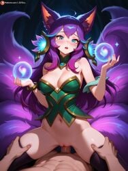 1boy 2d ahri ai_assisted ai_generated alternate_hair_color animal_ears artist_name artist_request bare_shoulders black_legwear blush breasts cowgirl_position energy_ball facial_mark female fox_ears fox_girl fox_tail glowing heart heart-shaped_pupils impregnation kitsune kyuubi large_breasts league_of_legends long_hair looking_at_viewer magic male mind_control mole_on_thigh multi_tail navel open_mouth orb patreon_username penis pov pov_crotch purple_hair pussy pussy_juice sex solo_focus spread_legs straddling straight sweat symbol-shaped_pupils tagme tail thigh_grab thighhighs uncensored vaginal_penetration vastaya watermark web_address whisker_markings wolf_tail