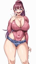 breasts cleavage cowboy_shot denim denim_shorts female highleg highleg_leotard highres large_breasts leotard long_hair long_sleeves open_mouth original ponytail ribbed_leotard shorts sleeved_leotard yoohi