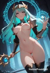 ai_generated aqua_hair areolae armor armored_female black_legwear blush breasts breasts_apart cleft_of_venus clothing completely_nude erect_nipples erection female female_only green_hair hair_ornament hand_up headgear hentaipresident holding holding_object large_breasts legwear long_hair looking_at_viewer magic magical_girl medium_breasts navel nipples nude nude_female outdoors paipan parted_lips pussy solo standing stomach thighs tiara uncensored uncensored_breasts uncensored_nipples uncensored_pussy uncensored_vagina vagina weapon