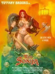 3d axe barbarian big_breasts bikini_armor breasts english_text female holding_axe holding_sword holding_weapon milkies movie_poster muscular muscular_female muscular_legs non_sexual red_hair red_sonja red_sonja_(comics) solo_female standing sword text