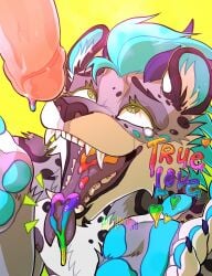 0ct0m0n0 anthro black_nose blue_claws blue_hair blue_pawpads bodily_fluids claws colored_cum cum cum_on_tongue disembodied_penis duo english_text facial_spots felid finger_claws fingerpads forked_tongue fur genital_fluids genitals green_background green_eyes grey_body grey_fur hair hi_res humanoid_genitalia humanoid_penis looking_up male male/male male_anthro mammal open_mouth pawpads penis pink_penis purple_tongue rainbow_cum simple_background solo_focus spotted_face spotted_shoulders text tongue tongue_out unusual_bodily_fluids unusual_cum unusual_genital_fluids white_body white_fur