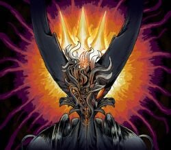 2025 2_horns ambiguous_gender arthropod clothed clothing cohavmuzar gore hi_res hollow_knight hollow_knight_(character) horn infected_(species) liquid orange_eyes pure_vessel_(hollow_knight) shoulder_pads solo team_cherry vessel_(species) wings