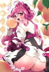 ass_focus blush dated eating eating_food eating_peach embarrassed from_behind heart large_ass looking_back open_mouth peach_(fruit) rasis sound_voltex