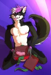 0ct0m0n0 abstract_background animal_genitalia animal_penis anthro arm_tuft artist_name balls black_body black_fur black_tail blep canid canine canine_genitalia canine_penis cheek_tuft closed_smile elbow_tuft erection facial_tuft fangs front_view fur genitals hair hi_res kneeling looking_aside male male_anthro mammal mouth_closed narrowed_eyes neck_tuft nipples nude penis pink_eyes pink_hair pink_nipples pink_penis pink_tongue shoulder_tuft smile solo tail teeth text tongue tongue_out tuft white_balls white_body white_fur white_hair