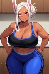 ai_generated black_sports_bra blue_yoga_pants bunny_ears curvy_female curvy_figure female hands_on_hips hourglass_figure mirko my_hero_academia naughty_one red_eyes rumi_usagiyama seductive_pose seductive_smirk white_hair
